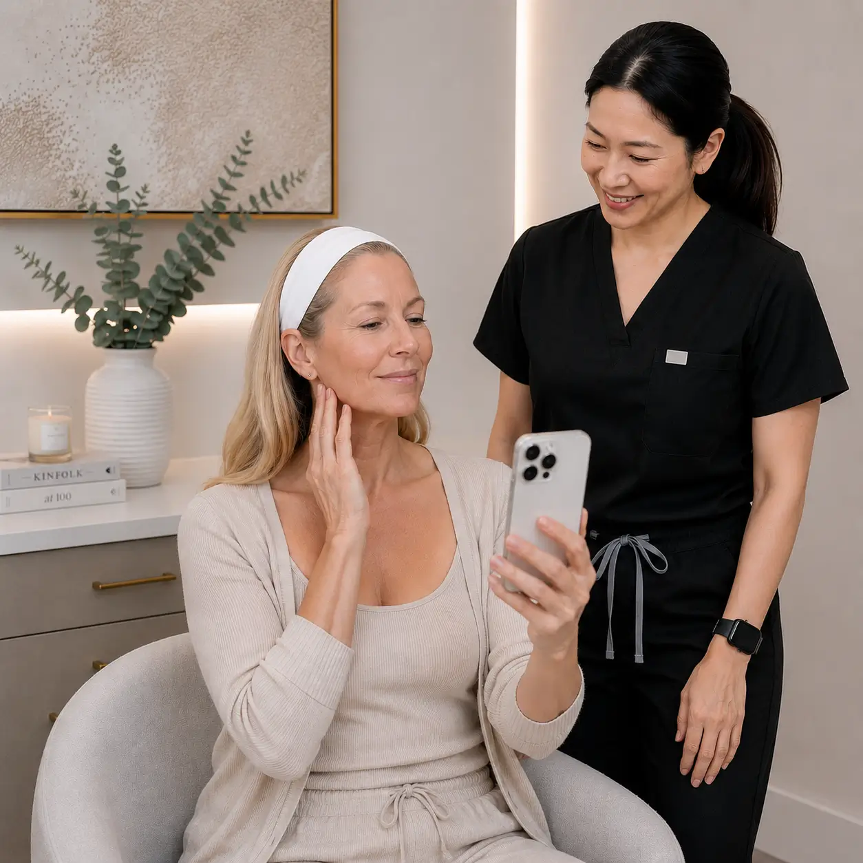 Client showing skin improvements on phone to practitioner
